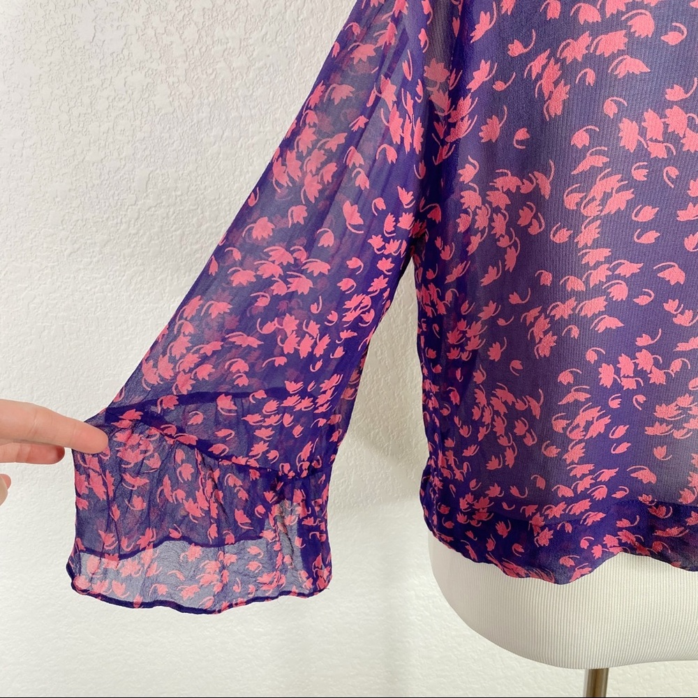 Wendy Katlen Blue Pink Floral Silk Sheer Blouse - Picture 11 of 12